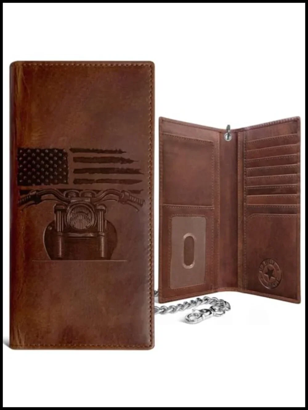 Tall Leather Wallet with Chain RFID Blocking 10 Card Slots Biker Motorcycle